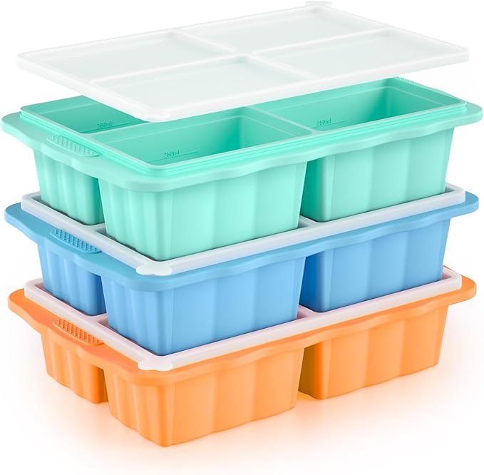 Silicone Freezer Tray With Lid, Silicone Freezing molds, Ice Cube Tray For Food, Release Soup Freezer Molds for freezing food, Soup, and Leftovers-Makes 4 Perfect 1 Cup- 3 Pack.