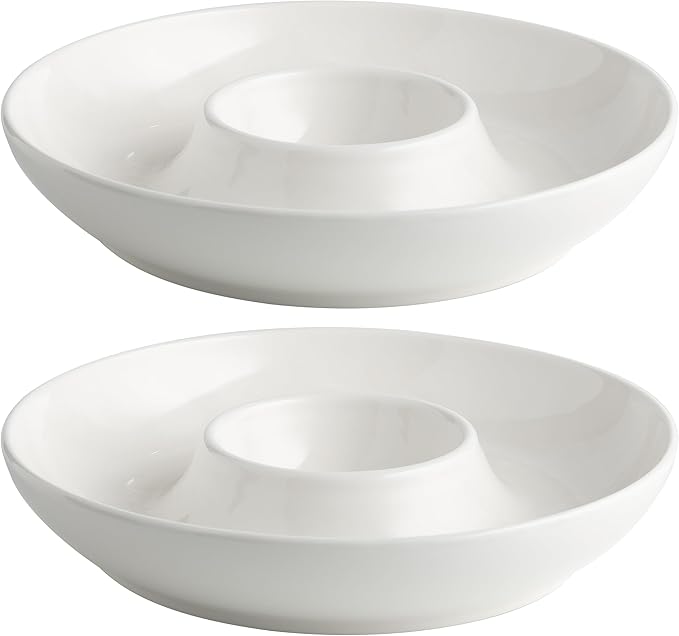 LEHAHA Ceramic Chips and Dip Serving Tray, 12 Inch Large Divided Bowls Set for Salsa, Veggies & Dip, Appetizers, Snacks, Serving Dish Platter for Parties Hosting & Entertaining. Set of 2, white