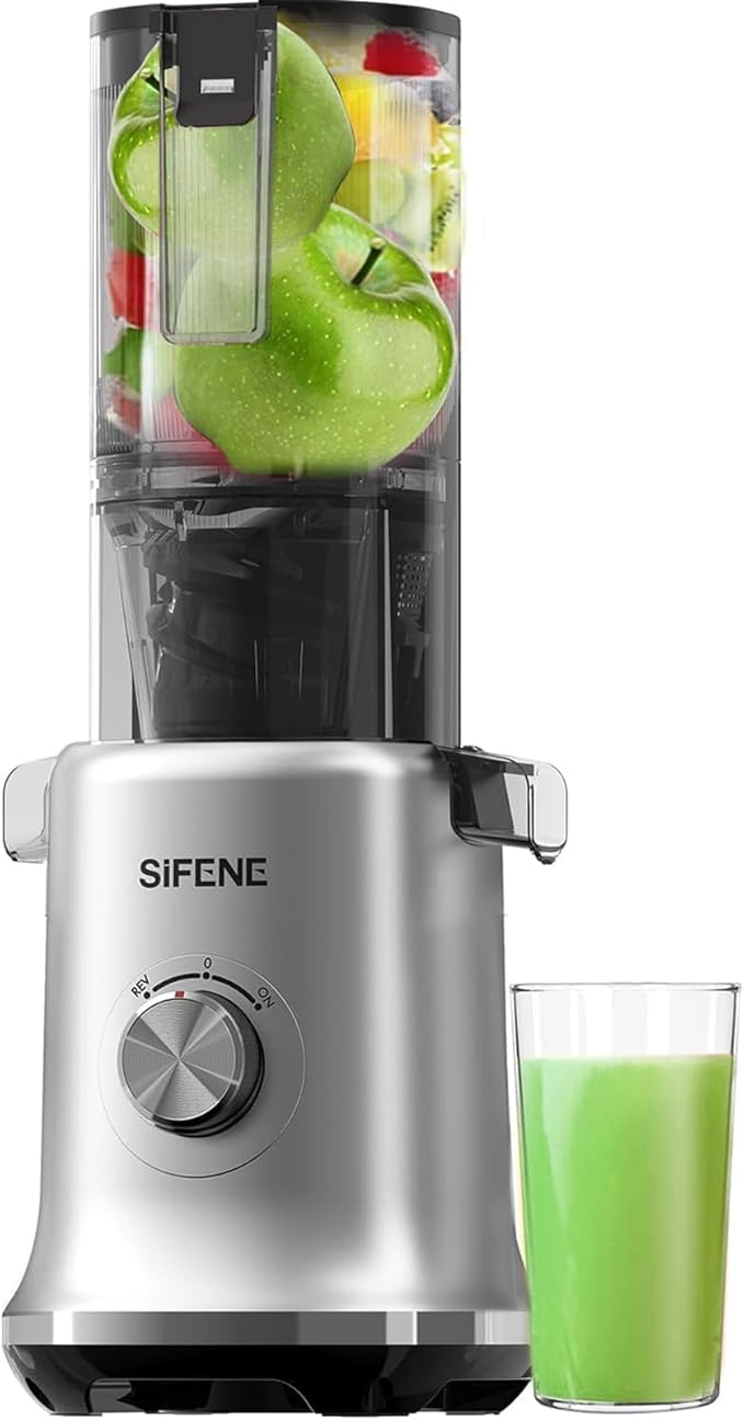 SIFENE Cold Press Juicer, 4" Wide Feed Chute Masticating Juicer with 63RPM Slow Grind, High Juice Yield Fruit & Vegetable Juicer Machine, Easy to Clean with Reverse Function, BPA-Free, Gray