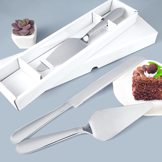Eisinly Cake Cutting Set for Wedding, Elegant Cake Knife and Server Set with Thickened Stainless Steel Rounded Edges, Cake Cutter and Pie Spatula for Birthday Anniversary, 2 Pcs, Silver