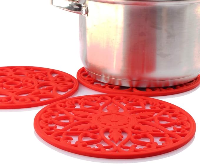 ME.FAN Trivets for Dishes/Pots/Pans, 3 Pcs Silicone Mats, Flexible/Durable/Non Slip Hot Pads to Protect Table and Counter Top (Red)