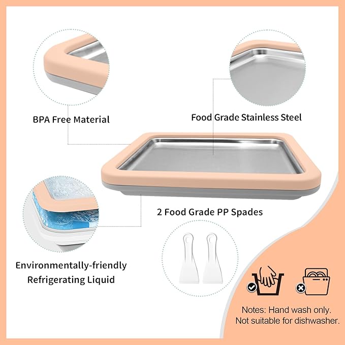 Instant Ice Cream Maker, Rolled Ice Cream Maker, Instant Gelato Pan/Roll, Homemade DIY, with 2 spatula, Frozen Yoghurt Plate Mini Freezer Kit Machine Peach Fuzz
