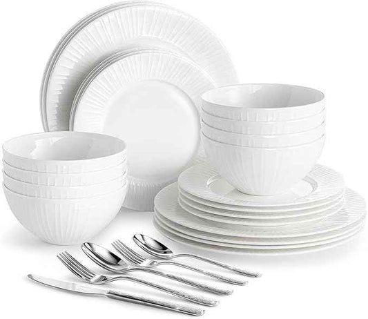 KINGSTONE 24-Piece Bone China Dinnerware Set with 40-Piece flatware, White Lightweight Porcelain Service for 8, for Family Dining, Restaurants, Gifting，Microwave and Dishwasher Safe