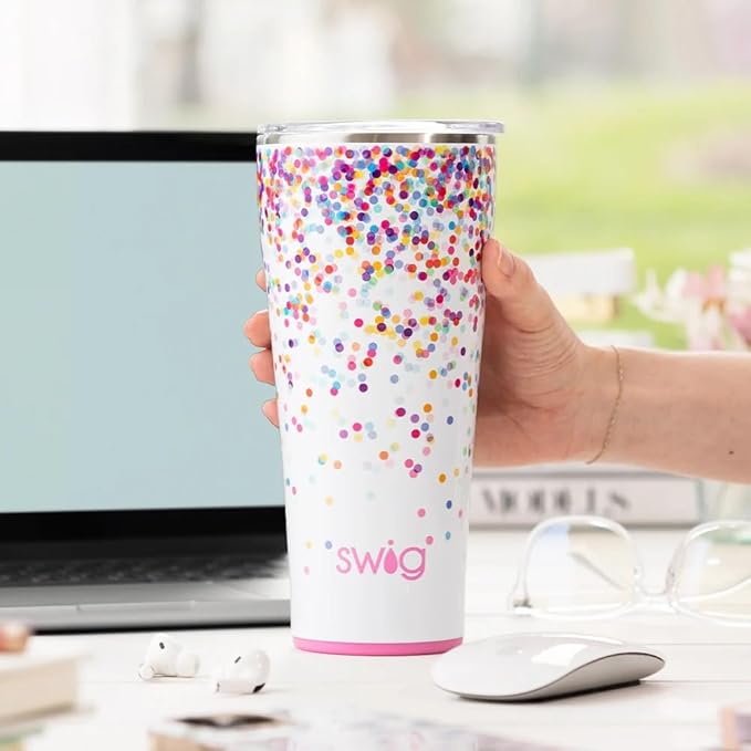 Swig Life 32oz Insulated Tumbler, Travel Coffee Tumbler with Lid, Cup Holder Friendly, Stainless Steel Travel Coffee Mug, Glitter Tumbler, Glitter Gifts (Confetti)