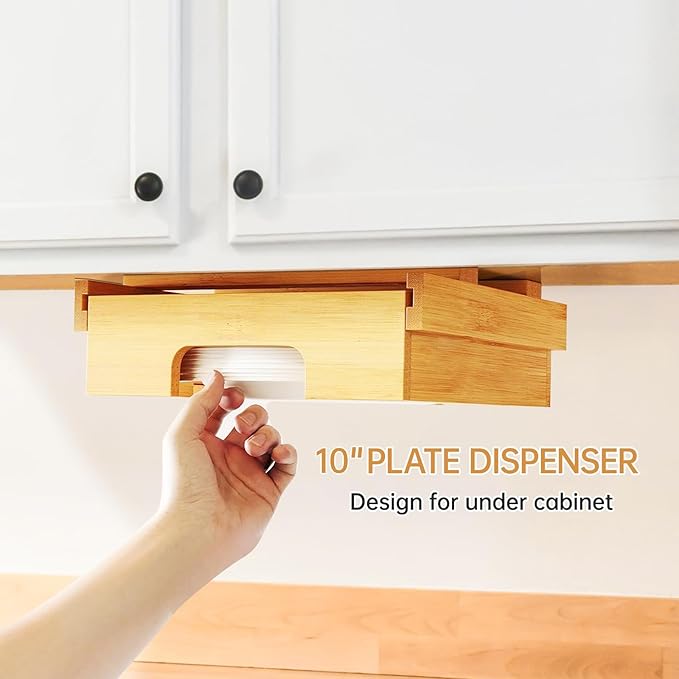 Paper Plate Dispenser - 10 inch Bamboo Paper Plate Dispenser Under Cabinet, Kitchen Counter Vertical Plate Holder Organizer Countertop Caddy (Bamboo)