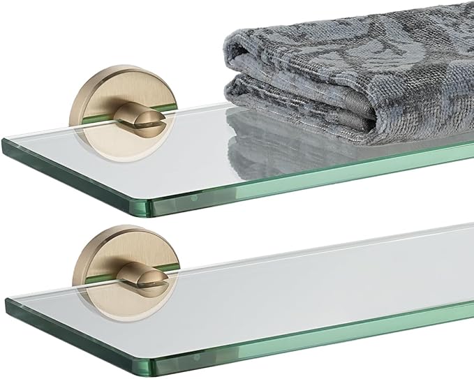 JQK Bathroom Glass Shelf, Tempered Glass Shower Storage 12 by 5 inches, 304 Stainless Steel Champagne Bronze Wall Mount 2 Pack, TGS101L12-CB-P2