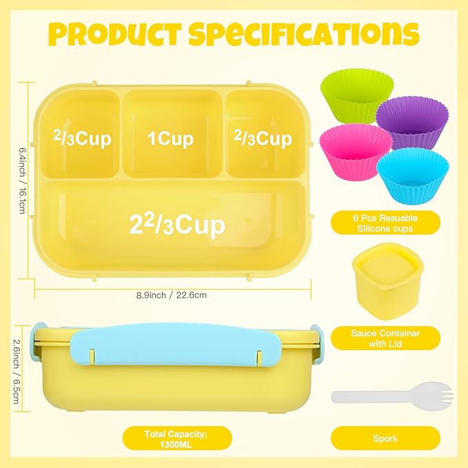 MaMix Bento Lunch Box for Adults/Kids/Students - 1300ML 4-Compartment Container (Yellow)