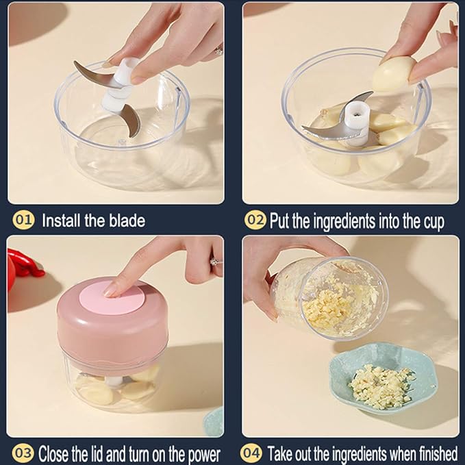 Electric Mini Food Chopper Portable Waterproof Small Garlic Press Chopper Blender Spice Grinder Mincer Processor with USB Charging for Pepper Ginger Onion Chili Pumpkin Veggies Nuts Meat 250ML (Pink)