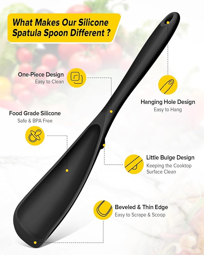 Pack of 2 Cooking Spoons for Non Stick Cookware, Multifunction Spatula Spoon BPA-Free, One-Piece Design, Suitable for Scooping, Scraping, Serving and Mixing (BLACK-BLACK)