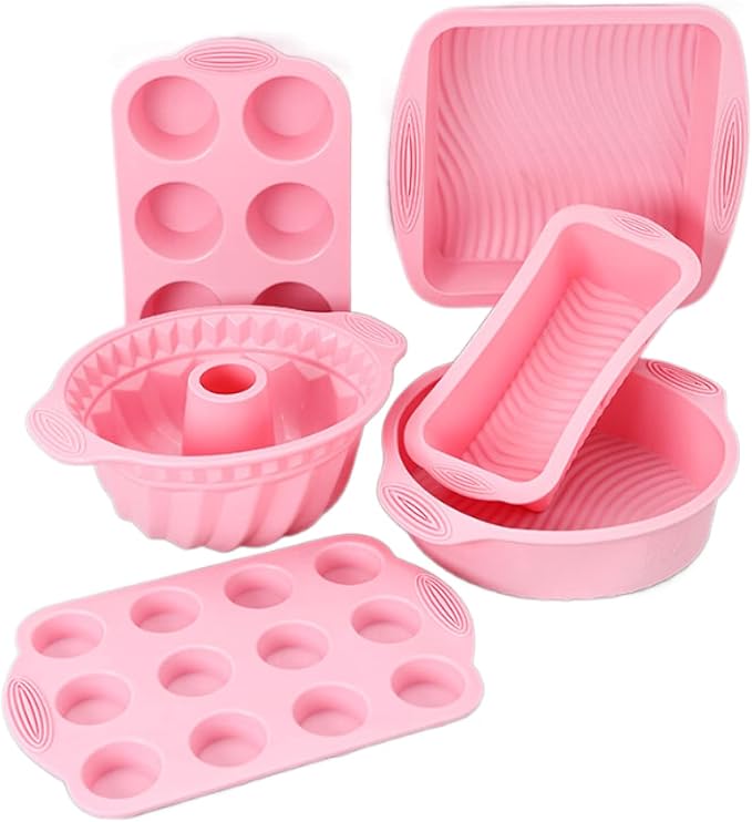 Silicone Baking Tray Silicone Mold Sets Muffin Cup Toast Baking Pan Diy Cake Mold Bakeware Cake Decoration Accessories 6Pcs Set Pink