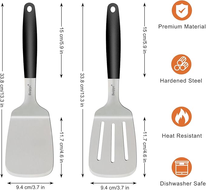 Beijiyi Stainless Steel Spatulas Set, Solid and Slotted Metal Turner Spatula for Cooking Cast Iron Skillet, Kitchen and Griddle Spatula with Full Tang Silicone Handle for Smash Burger, Pancake, Egg