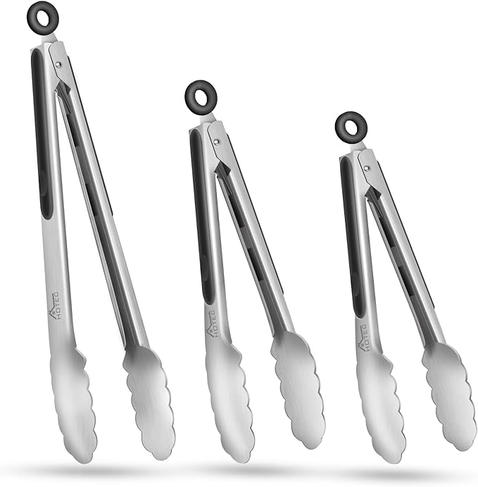Hotec Stainless Steel Kitchen Tongs, Set of 3-7", 9" and 12", Locking Metal Food Tongs for Cooking, Serving, BBQ, Grill Non-Slip Grip