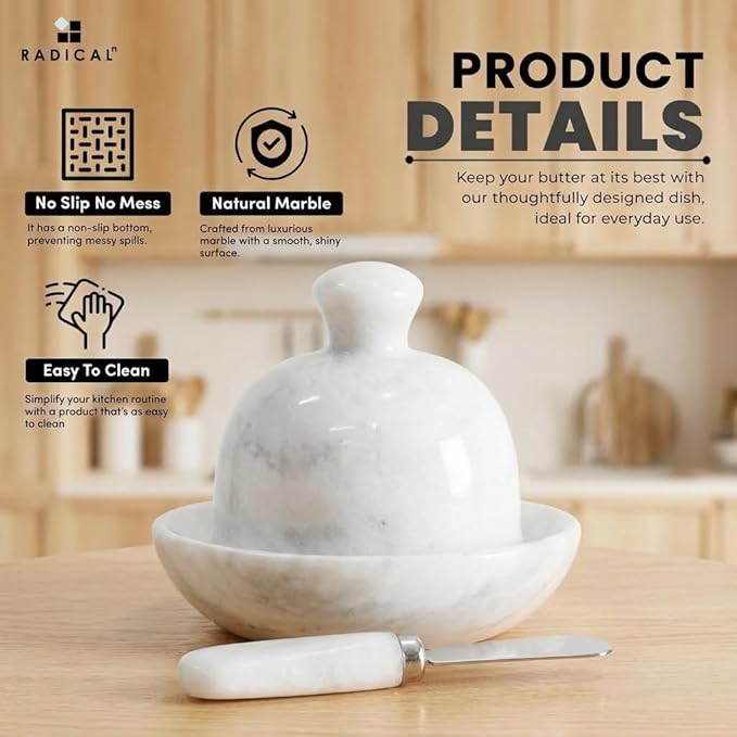 Radicaln Marble Butter Dish With Lid 6" Inches White Handmade Butter Storage Container, Ideal Butter Dish and Butter Crock For Counter With Water