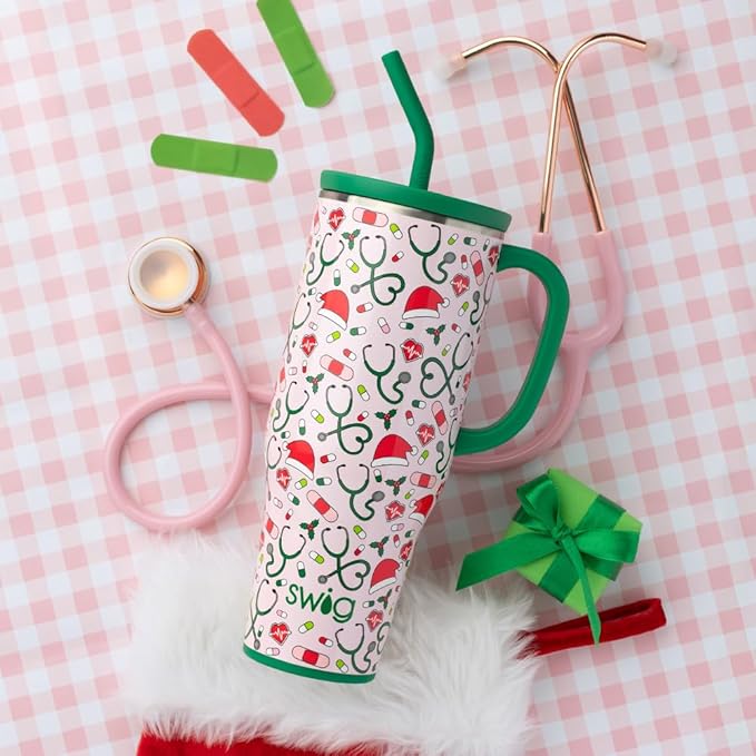 Swig Life 40oz Mega Mug, 40oz Tumbler with Handle and Straw, Extra Large Insulated Tumblers, Cup Holder Friendly Travel Mug (Santa's Scrubs)