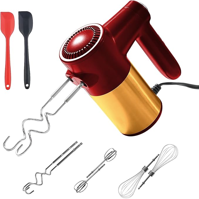 9-Speed Hand Mixer Electric,400W Powerful Red & Gold Electric Hand Mixer,handheld Mixer for Baking Cake Egg Cream,Turbo Boost/Digital Display + 9 Speed + Eject Button + 6 Stainless Steel Accessories