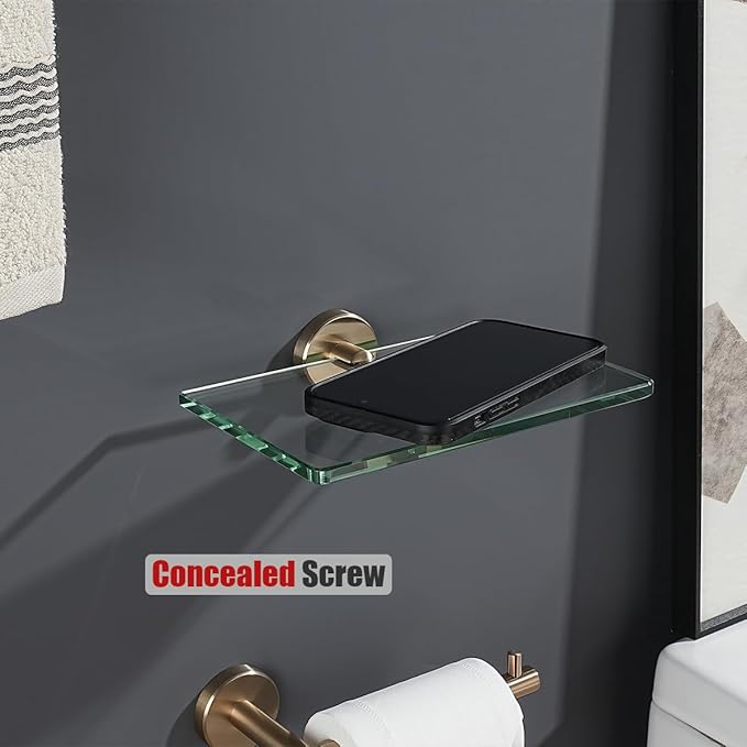 JQK Bathroom Glass Shelf, Tempered Glass Shower Storage 8 by 5 inches, 304 Stainless Steel Champagne Bronze Wall Mount, TGS101L8-CB