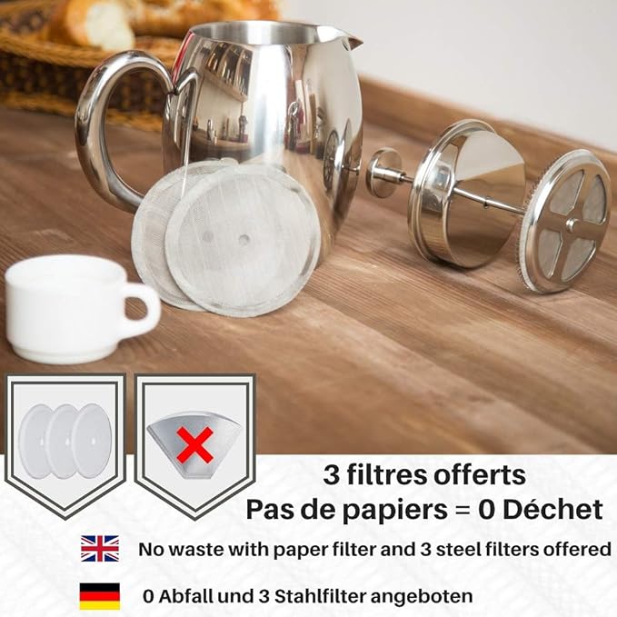 VeoHome - 0.75 litre plunger - Unbreakable and keeps the coffee hot for a long time thanks to its double stainless steel shell