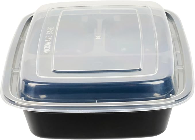 Restaurantware Asporto 26 Ounce Compartment Take Out Boxes 100 Microwavable Meal Prep Containers - 3 Compartments With Clear Plastic Lids Black Plastic Food Containers Do Not Contain BPA