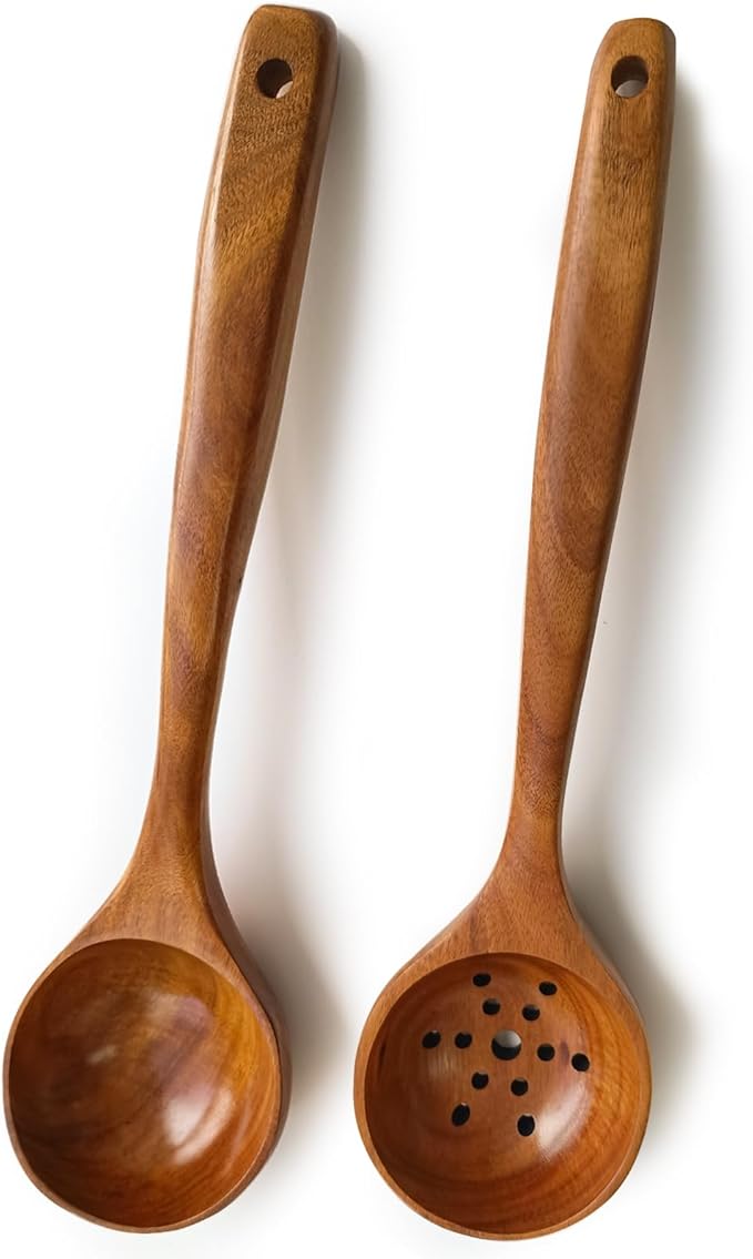 Large Wooden Spoons for Cooking, 2-Piece Premium Teak Wooden Utensils for Cooking, Heavy-Duty & Heat Resistant, 13.7"L x 3.7"W