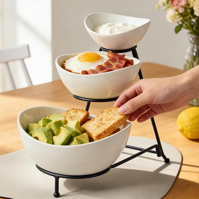 Gomakren 3 Tiered Oval Serving Bowl With Collapsible Metal Rack, Chip and Dip Serving Set, Dessert Appetizer, Candy, Fruit, Vegetable Bowl Set, Serving Bowls For Entertaining (Black Stand)