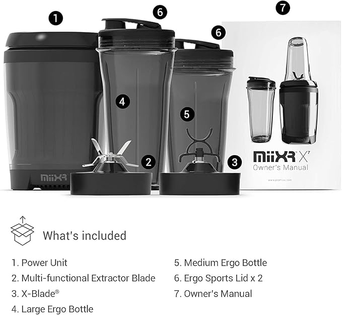 Promixx MiiXR X7 Personal Blender for Shakes and Smoothies - with Performance Nutrition Protein Mixer X-Blade and Shaker Bottle Agitator, Smoothie Blender/Maker, Highly Efficient (7 Piece Set)