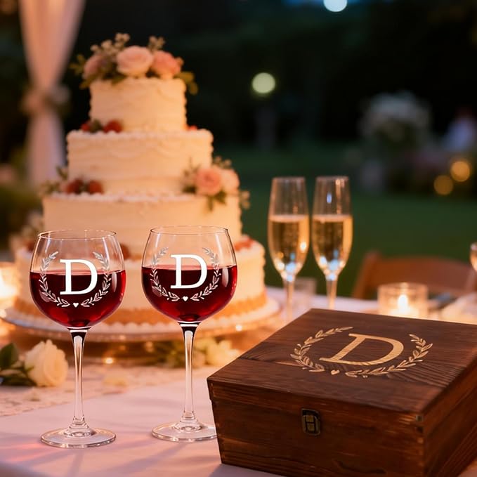 GZLDGIFTS Personalized Initial Wine Glasses Box Gift Set For Women Mom Engraved Birthday Monogrammed Wooden Christmas Gifts Wedding Anniversary Wine Couples Stopper Opener Initial Letterr (D Set)