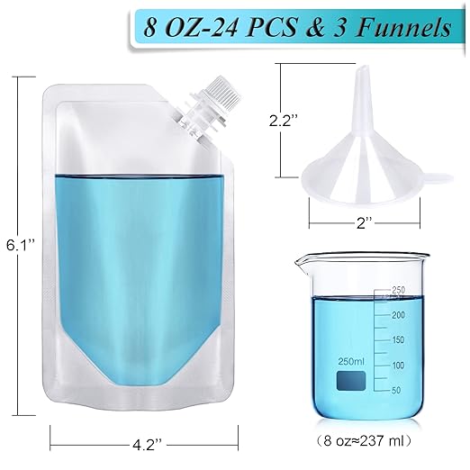 24 Pcs Plastic Flasks, 8 Oz Concealable and Reusable Drink Pouches, Leak-Proof Food Grade Plastic for Travel (8OZ-24PCS +3 Funnels)