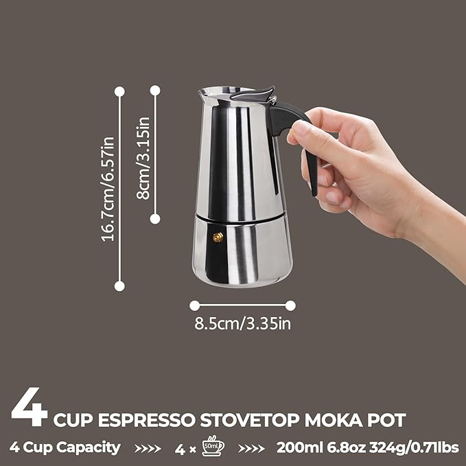 4 Cup 200ml Moka Pot Stainless Steel Espresso Coffee Maker Stovetop Coffeemaker Italian Classic Style Brewing Greca Cafe Mocha Machine for Cafeteras Lover Camping Travel and Home Use 6.6oz