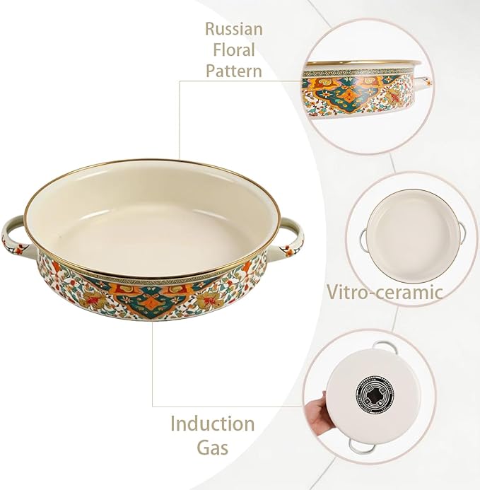11 Inch Enamel Roasting Pan with Rack and Lid, Russian Style Deep Round Oven Baking Pot Roaster Pan Set for Chicken, Turkey Breast, Lasagna, Oven to Table, Stovetop Safe