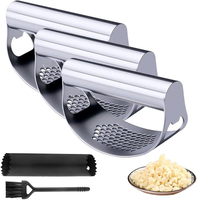 2026 New Garlic Press Rocker, Upgrade Garlic Press Stainless Steel, Portable Manual Stainless Steel Garlic Press Rocker, Innovative Garlic Crusher with Peeler and Scraper (3)