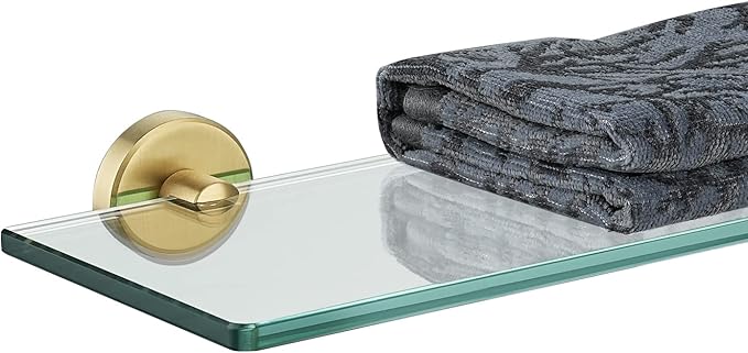 JQK Bathroom Glass Shelf Gold, Tempered Glass Shower Storage 12 by 5 inches, 304 Stainless Steel Brushed Gold Wall Mount, TGS101L12-BG