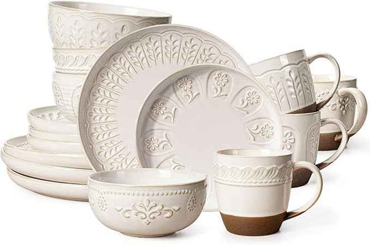 Artena Plates And Bowls Sets, 16 Pieces Dinnerware Sets, Dish Set For 4, Ceramic Kitchen Bowl And Plate Set, Embossed White Dishware Sets, Dishwasher & Microwave Safe (Multiple Patterns) (With Mugs)