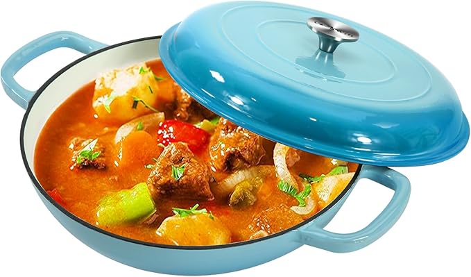 COOKWIN Cast Iron Casserole Braiser, 3.8 Quart,Heavy Duty Casserole Skillet with Lid and Dual Handles, Porcelain Enameled Surface Cookware Pot, Mother's Day Gifts for Family Light Blue