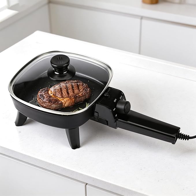 7" Electric Skillet with Lid, Non-Stick Ceramic Electric Frying Pan, 600W Single-Serve Grill with Adjustable Temperature Control for Pancakes, Eggs & Sausage