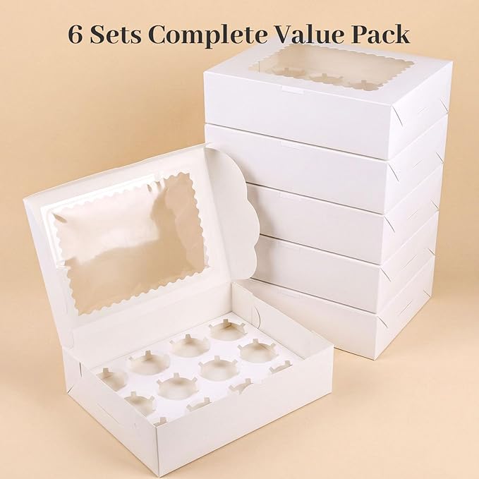 VGOODALL 6PCS White Cupcake Containers, 12 Count with Window Boxes Holding 72 Pastry Box for Birthday Holiday Party Bakery Supplies