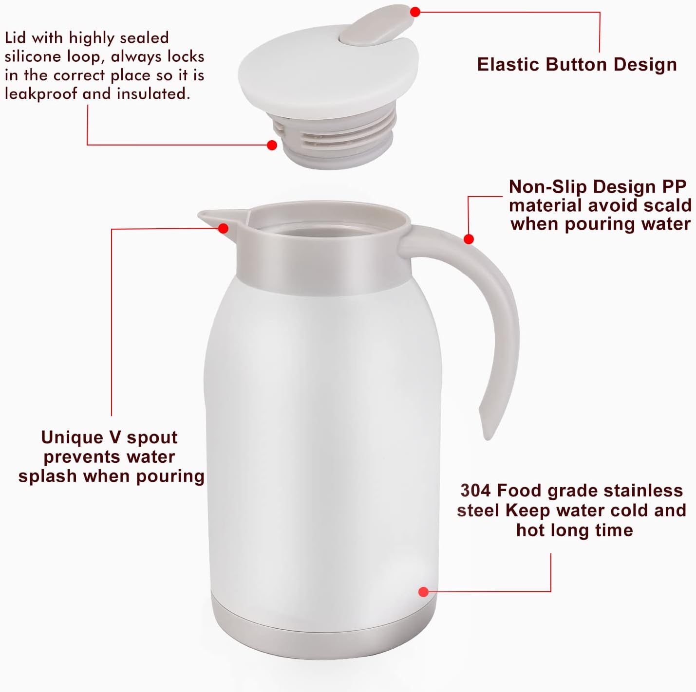 Stainless Steel Thermal Coffee Carafe Dispenser, 40oz Unbreakable Double Wall Vacuum Flask Large Capacity 1.2L Water Tea Pot Beverage Pitcher for Summer Cold Iced Coffee(White)