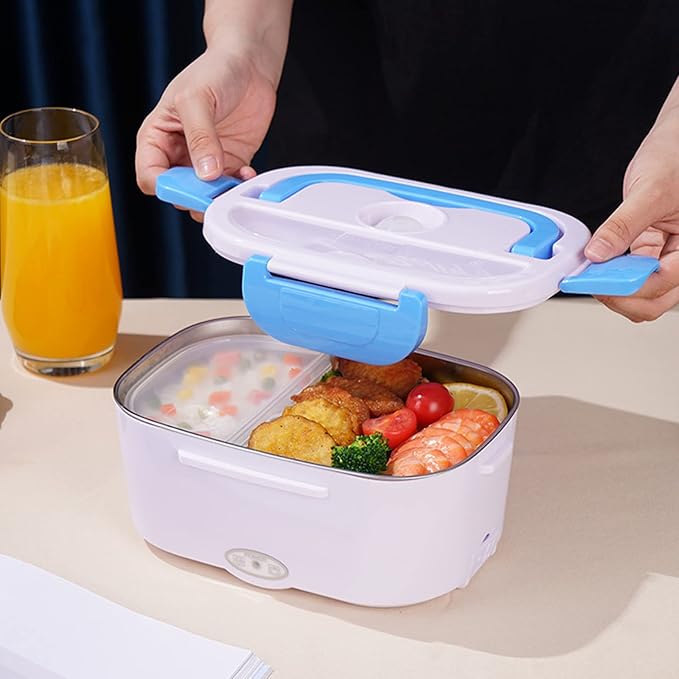 Electric Lunch Box 2 In 1 Food Heater 12V 24V 110V Portable Food Warmer for Car and Home Removable Stainless Steel Heated Bento Box (Blue)