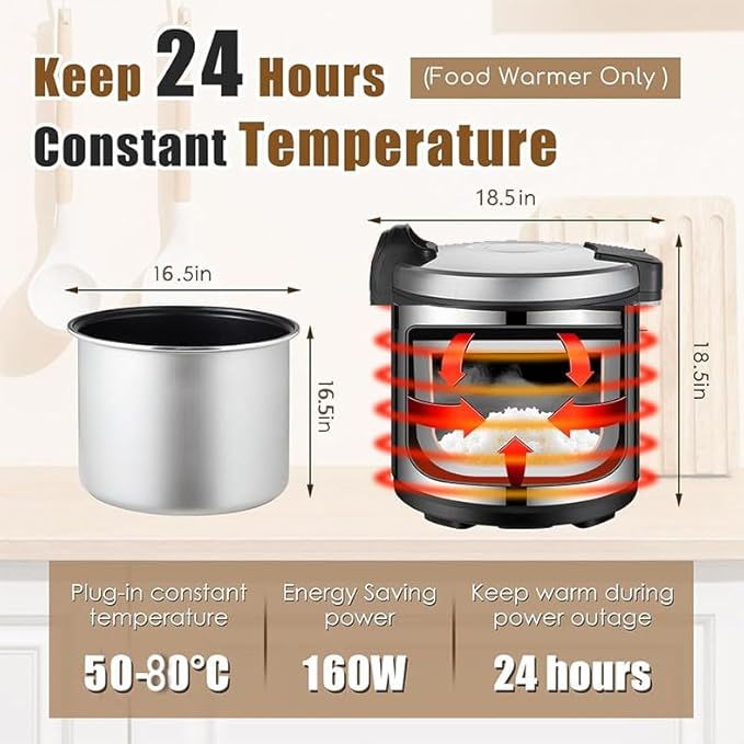 32.1QT Commercial Rice Warmer(Not Rice Cooker) Portable Big Food Rice Warmer / 122℉- 178℉ Adjustable Temperature/ 160W/ Non-stick Inner Pot For Restaurant Party Family