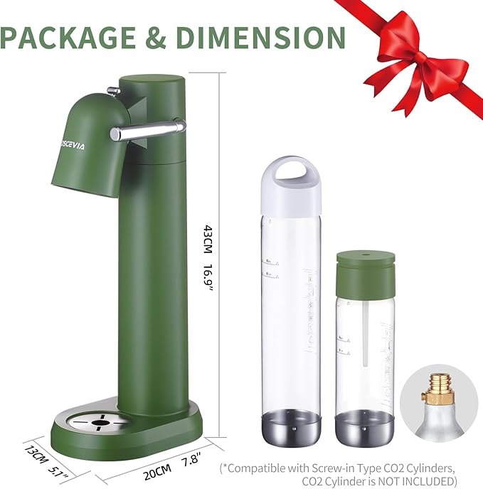 Sparkling Water Maker | Soda Beverage Machine | Soda Streaming Seltzer & Carbonator | 1L+0.5L BPA Free Bottles | Compatible Srew-in 60L CO2 (NOT Included) | Green