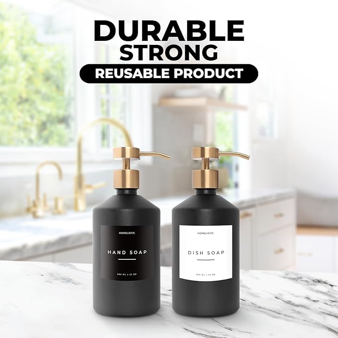 Homelistic Matte Black Glass Soap Dispenser Set with Champagne Gold Pump – 16oz Refillable Kitchen & Bathroom Soap Dispensers (2 Pack) Rust-Resistant Stainless Steel Pumps, 48 Labels