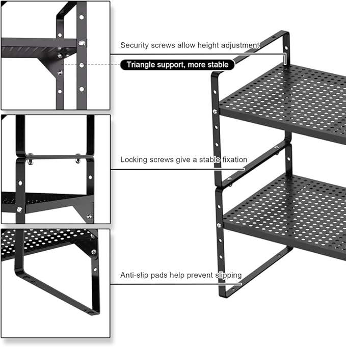 Expandable Counter Shelf, Adjustable Height Spice Rack Metal Mesh Board Shelf Organization for Kitchen Pantry Bathroom Office -Black