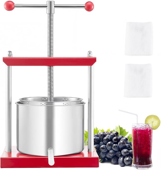 VEVOR 1.6 Gal/6L Fruit Wine Press, 2 Stainless Steel Barrels, Manual Juice Maker, Cider Apple Grape Tincture Honey Olive Oil Making Press with T-Handle for Outdoor Kitchen Home