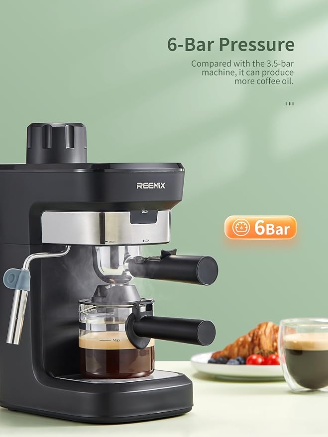 Reemix Espresso Machine 6 Bar, Rich Crema Coffee Maker, Auto Pressure Relief, Compact Home Coffee Brewer Machine, Black