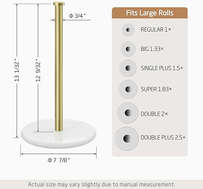KES Marble Paper Towel Holder Gold Countertop, Kitchen Standing Paper Towel Holders Marble Base Standard or Jumbo-Sized Rolls Brushed Gold, KPH100-BZ