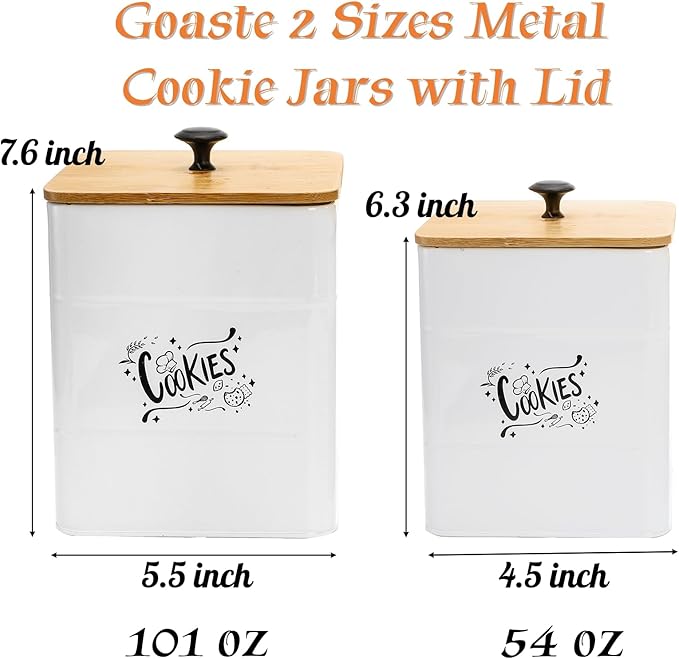 Goaste 2 Sizes Metal Cookie Jars with Lid, 101 & 54 OZ White Candy Cookie Tins, Decorative Food Storage Containers, Vintage Cookie Canister with Wide Opening for Kitchen Counter, Pantry, Gift Giving