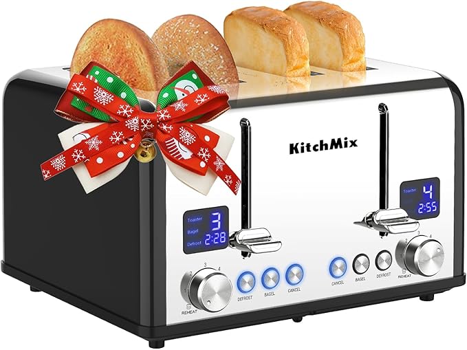 Toaster 4 Slice, KitchMix Bagel Stainless Toaster with LCD Timer, Extra Wide Slots, Dual Screen, Removal Crumb Tray (Black)