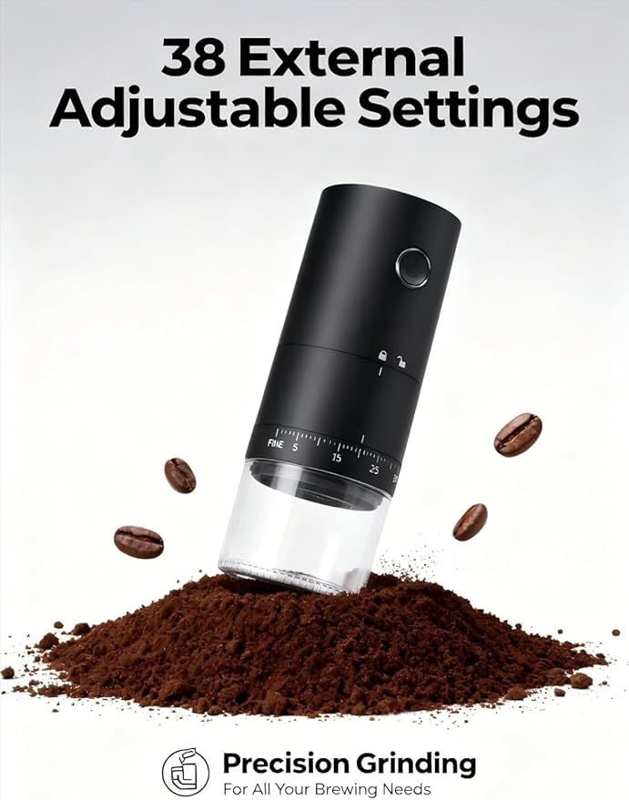 LAMIDO Portable Electric Burr Coffee Grinder - Grind While Charging - 38 External Adjustable Grind Settings - 1.8X Faster Grinding - 2000 mAh Rechargeable Battery for Travel, Camping - Matte Black