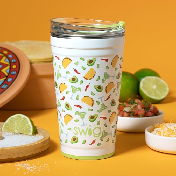 Swig Life 24oz Party Cup, Stackable Insulated Travel Coffee Tumbler with EZ Slider Lid, Cup Holder Friendly Travel, Stainless Steel 24 oz Tumbler, Reusable Mug (Taco Night)