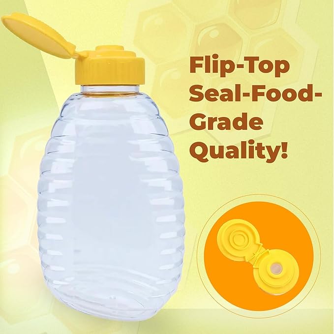 Skywin TidyFriend Honey Bottles 16 oz – 10 Pack Empty Honey Squeeze Bottle with Flip Lid & Seal, Clear Plastic Beehive Design, PET Containers