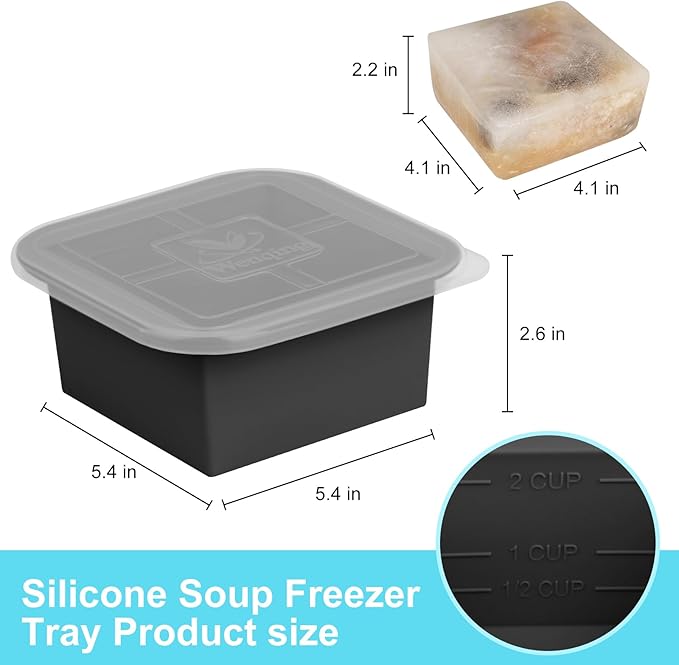 Silicone Freezer Tray with Lid 4 Pack Silicone Freezer Molds Ice Cube Tray Makes 4 Perfect 2 Cup Portions Soup Cubes Meal Prep Containers- Oven & Dishwasher Safe